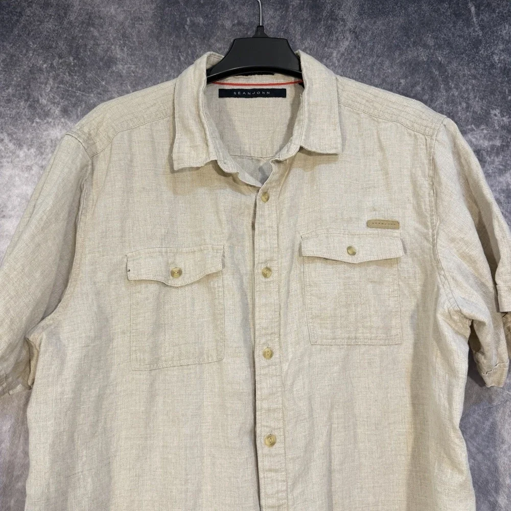 Sean Jean Linen Short Sleeve Button Shirt Beige 2XL Casual Breathable Wear‎